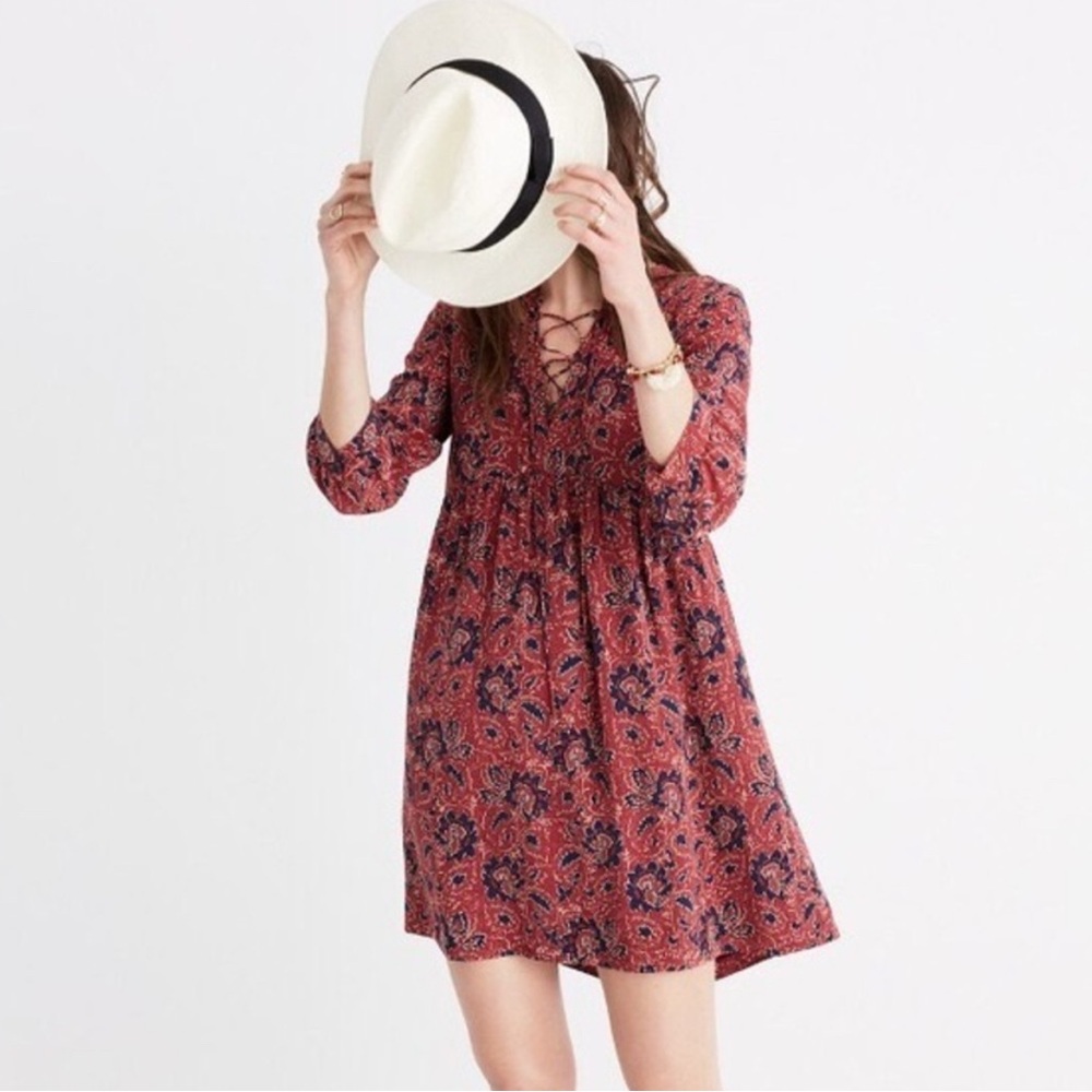 MADEWELL silk lace-up Short dress in assam floral XSmall Red Blue